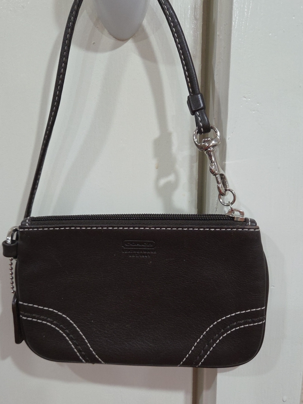 Coach Dark Brown Leather Wristlet with White Contrast Stitching
